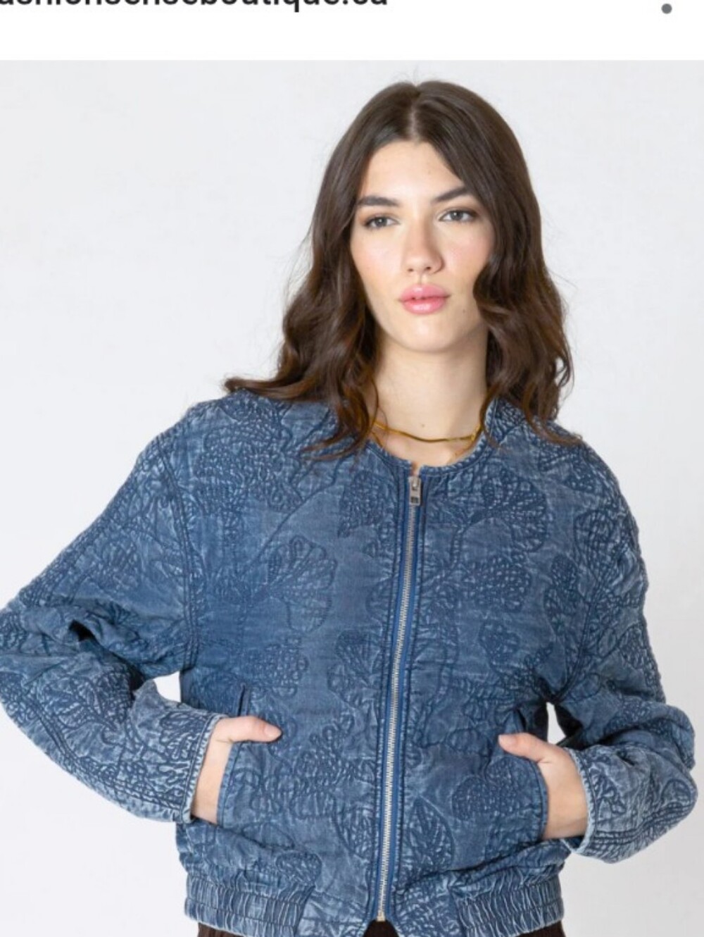Dex Blue Embroidered Quilted Bomber Jacket, M